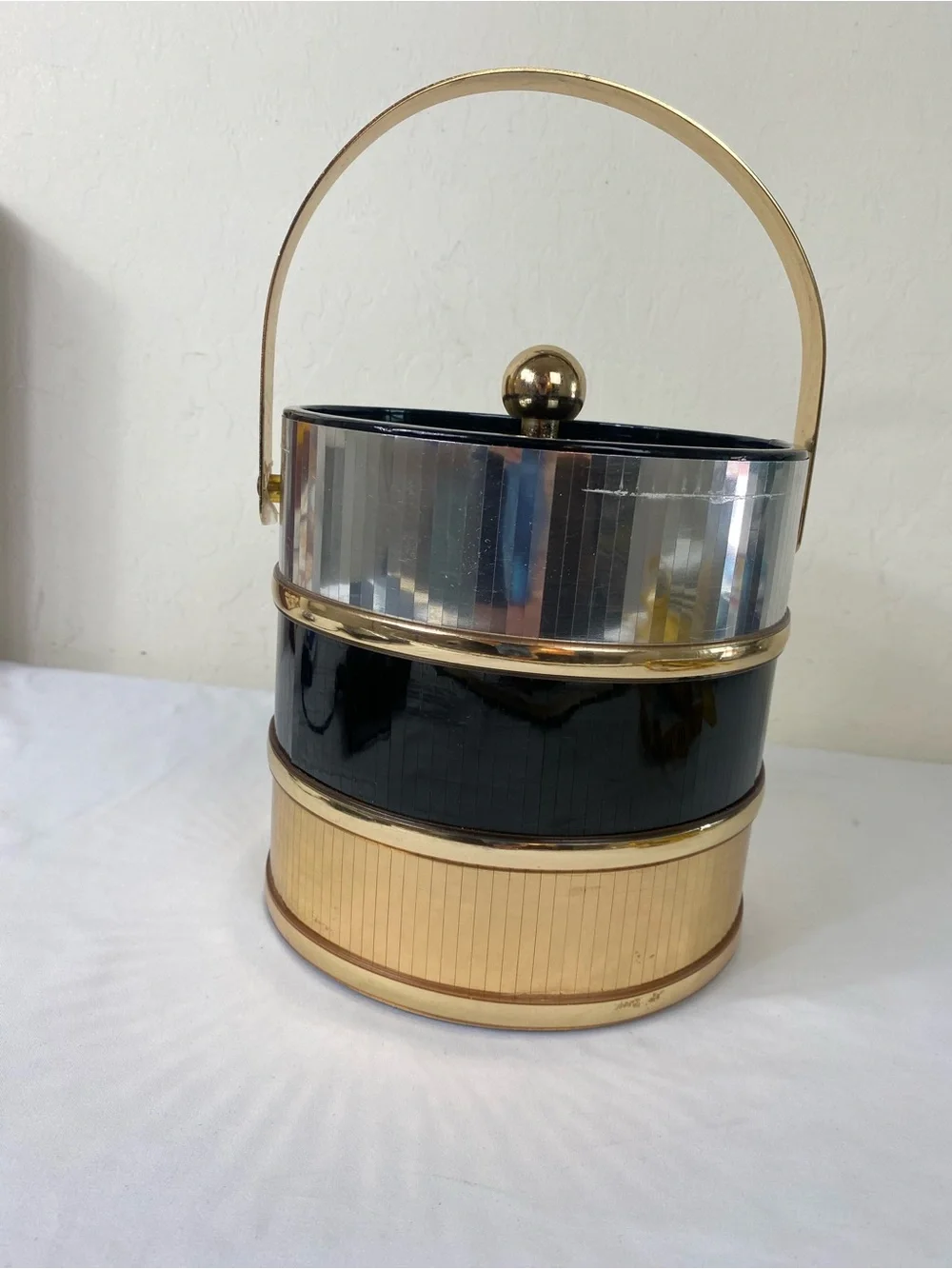 Vintage 1970s Disco ball Gold & Black Vintage Ice Bucket with Handle and tongs